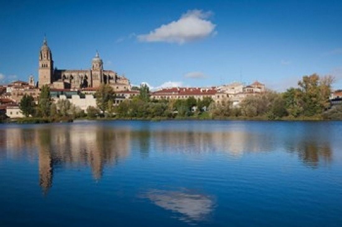View from the Tormes River Salamanca Spain Canvas Art - Walter Bibikow DanitaDelimont (19 x 12)