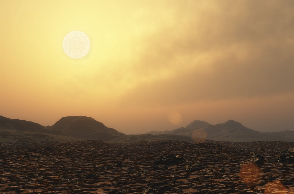 View from the surface of rocky exoplanet Gliese 581e Canvas Art - Adrian MannStocktrek Images (34 x 23)