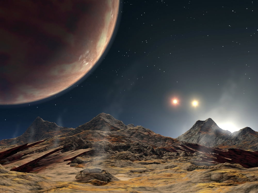 View from a hypothetical moon in orbit around the first known planet to reside in a tight-knit triple-star system Canvas Art - Stocktrek Images (32 x 24)