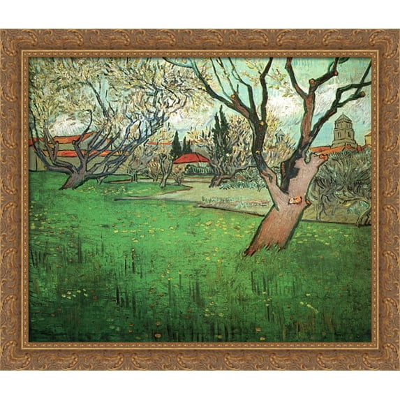 View of Arles with Trees in Blossom 34x28 Large Gold Ornate Wood Framed Canvas Art by Vincent van Gogh