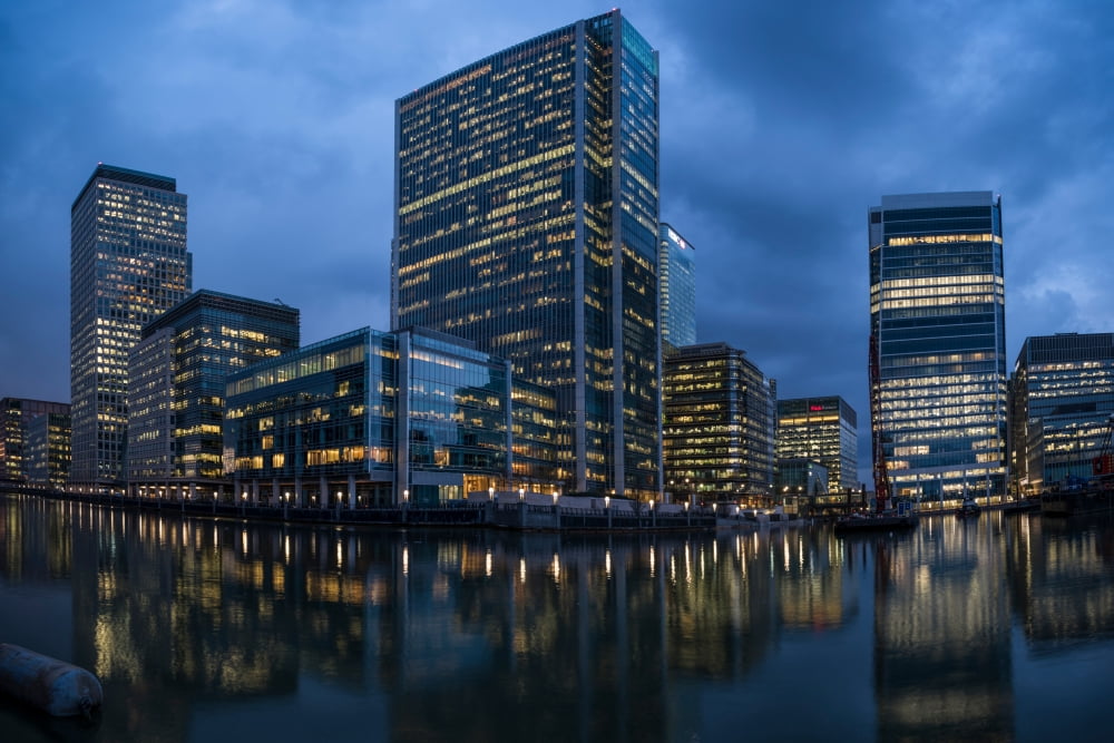 View of Canary Wharf at night from South Dock London England Canvas Art - Panoramic Images (24 x 36)