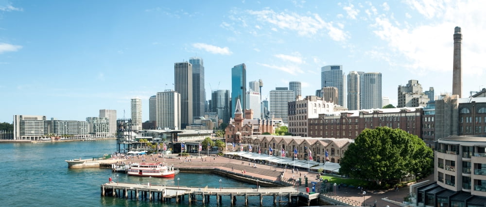 View of Circular Quay and downtown skyscrapers from roof of Park Hyatt Hotel Sydney New South Wales Australia Canvas Art - Panoramic Images (29 x 12)