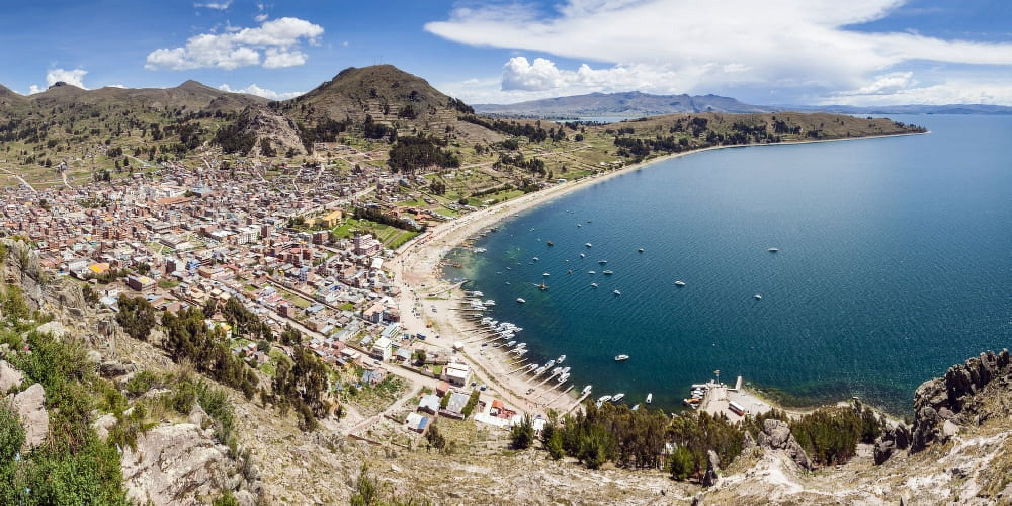 View of Copacabana and Lake Titicaca from Cerro Calvario Copacabana La Paz Department Bolivia South America Canvas Art - Panoramic Images (9 x 27)