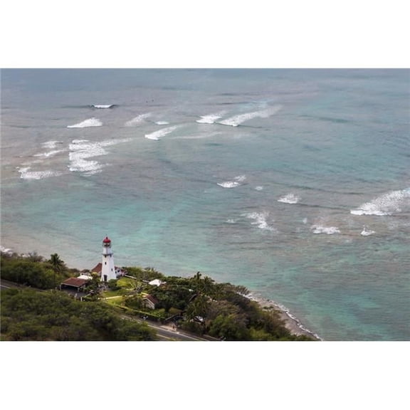 View of Diamond Head Lighthouse with Waves Breaking in The Shallow Water in Background Poster Print - 38 x 24 in. - Large