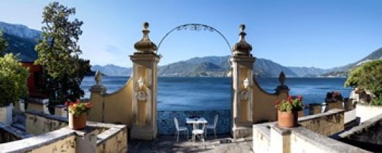 View of Lake Como from a patio Varenna Lombardy Italy Canvas Art - Panoramic Images (15 x 6)