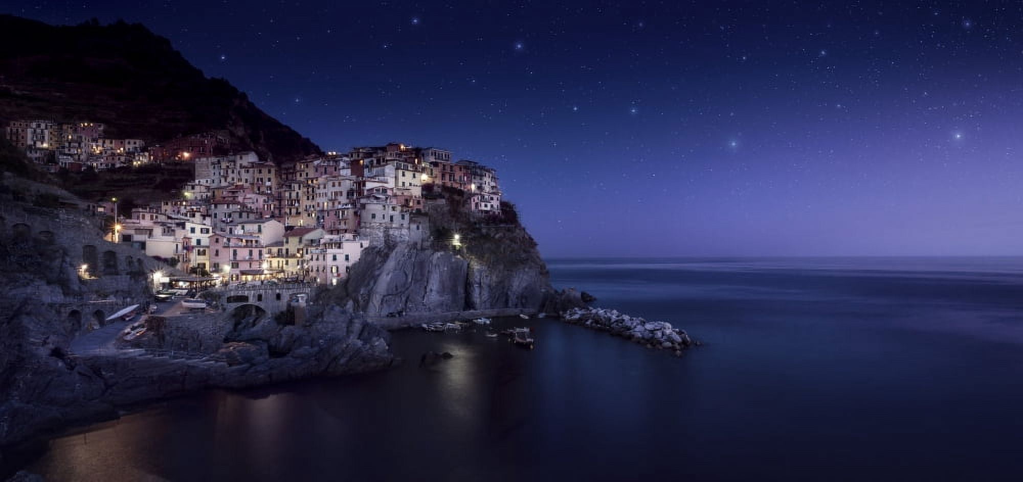 View of Manarola on a starry night La Spezia Liguria Northern Italy Canvas Art - Evgeny KuklevStocktrek Images (41 x 20)