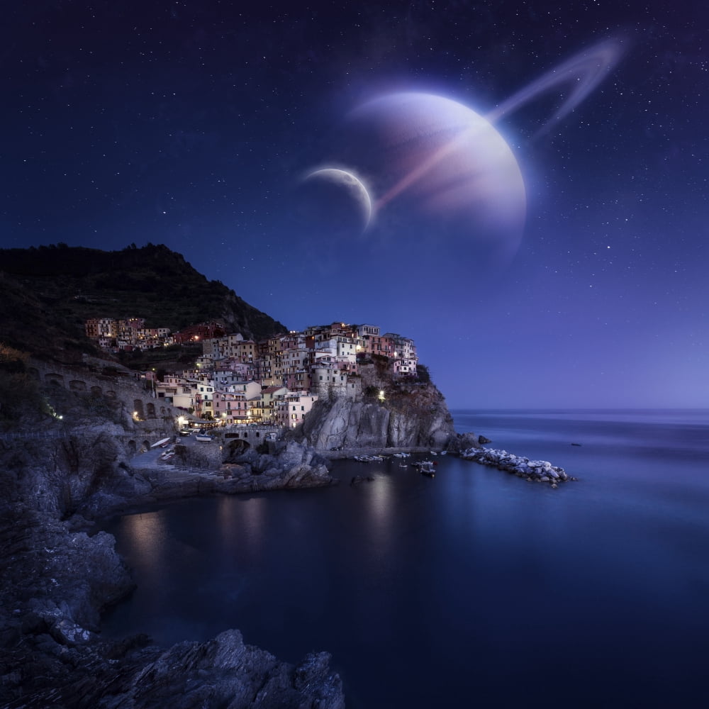 View of Manarola on a starry night with planets Northern Italy Canvas Art - Evgeny KuklevStocktrek Images (29 x 29)