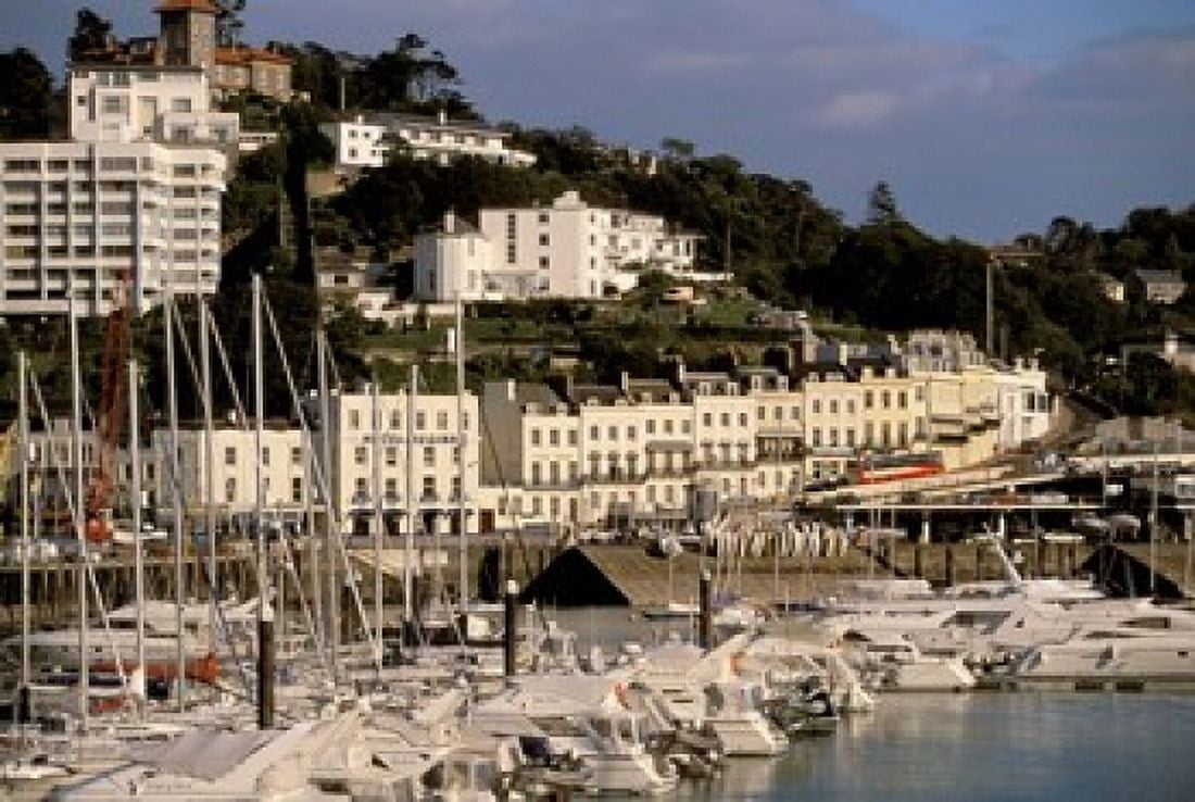 View of Marina and Town from Torquay Pier Torquay Devon England Canvas Art - Walter Bibikow DanitaDelimont (36 x 24)