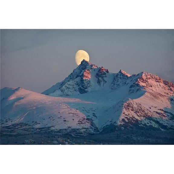 View of Moon Rising Behind OMalley Peak Chugach Mountains Anchorage Southcentral Alaska Winter Poster Print - 34 x 22 - Large