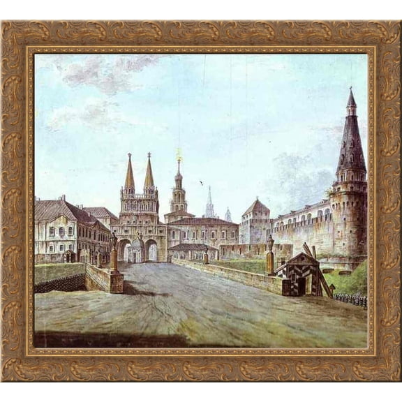 View of Moscow Near the Iversky Gate of the Kremlin 20x20 Gold Ornate Wood Framed Canvas Art by Alekseyev, Fyodor