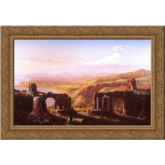 View of Mount Etna from Taormina 24x18 Gold Ornate Wood Framed Canvas Art by Thomas Cole