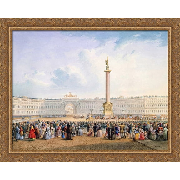 View of Palace Square and the General Headquarters Building in St. Petersburg 36x28 Large Gold Ornate Wood Framed Canvas Art by Vasily Sadovnikov