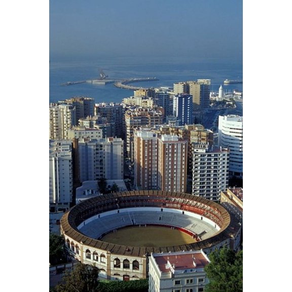 View of Plaza de Toros and Cruise Ship in Harbor Malaga Spain Canvas Art - John & Lisa Merrill DanitaDelimont (24 x 36)
