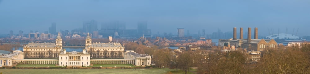 View of Queens House and Canary Wharf from Greenwich Park Greenwich London England Canvas Art - Panoramic Images (36 x 12)