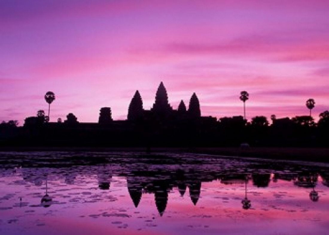 View of Temple at Dawn Angkor Wat Siem Reap Cambodia Canvas Art - Walter Bibikow DanitaDelimont (25 x 18)