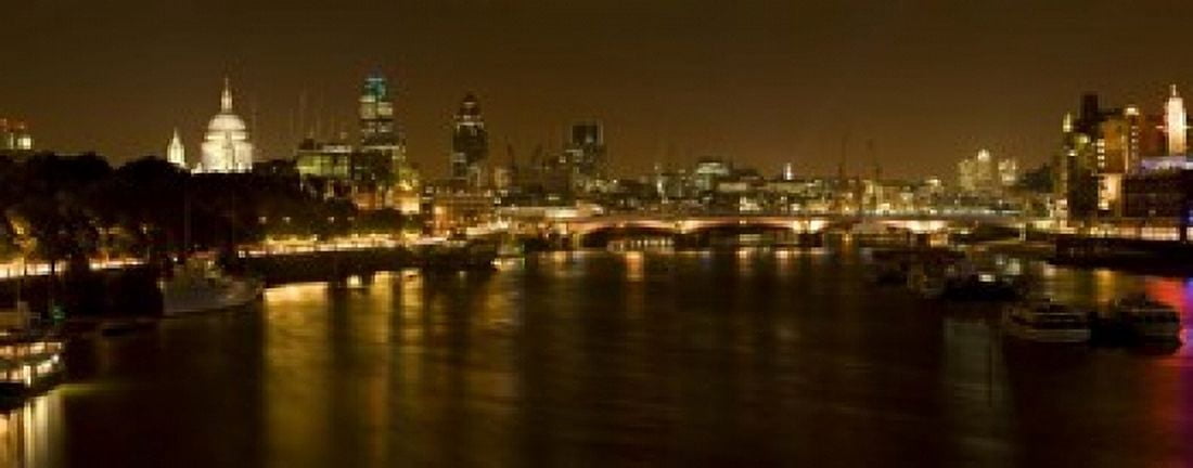 View of Thames River from Waterloo Bridge at night London England Canvas Art - Panoramic Images (15 x 6)