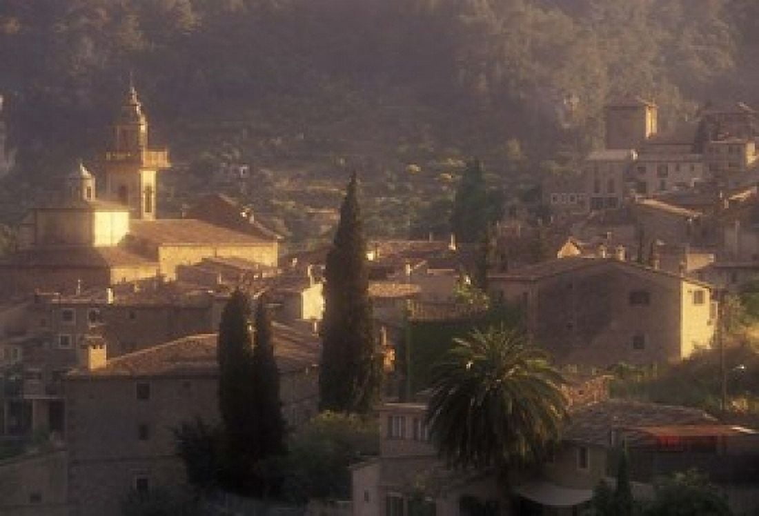 View of Town and Cartuja de Valledemossa Mallorca Balearics Spain Canvas Art - Walter Bibikow DanitaDelimont (24 x 15)