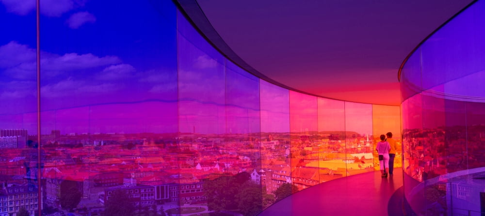View of a city from the translucent walkway of a museum ARoS Aarhus Kunstmuseum Aarhus Denmark Canvas Art - Panoramic Images (36 x 12)