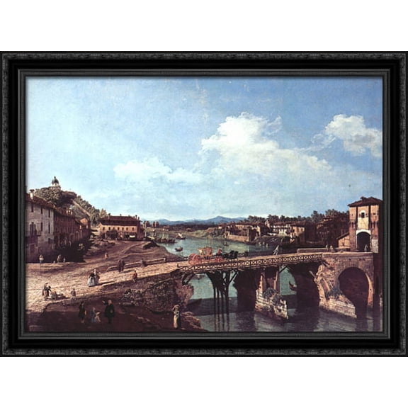 View of an Old Bridge Over the River Po, Turin 36x28 Large Black Ornate Wood Framed Canvas Art by Bernardo Bellotto