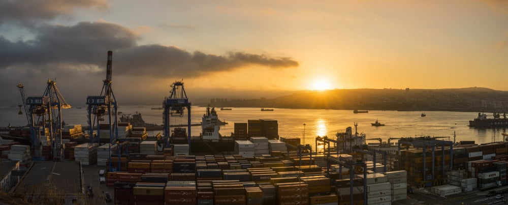View of city and ports at dawn from Paseo 21 de Mayo Playa Ancha ValparaA-so Central Coast Chile Canvas Art - Panoramic Images (27 x 9)