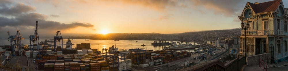View of city and ports at dawn from Paseo 21 de Mayo Playa Ancha Valparaiso Central Coast Chile Canvas Art - Panoramic Images (36 x 12)