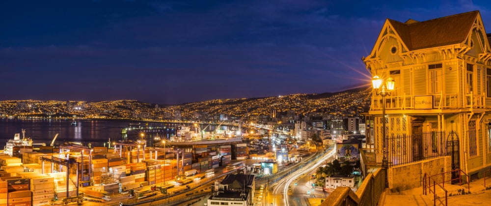 View of city and ports at dusk from Paseo 21 de Mayo Playa Ancha Valparaiso Central Coast Chile Canvas Art - Panoramic Images (36 x 12)