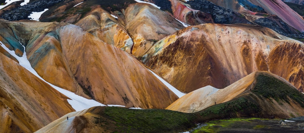 View of colorful rhyolite mountains with snow Landmannalaugar Iceland Canvas Art - Panoramic Images (7 x 15)