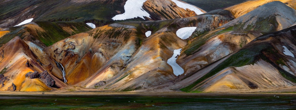 View of colorful rhyolite mountains with snow Landmannalaugar Iceland Canvas Art - Panoramic Images (7 x 18)