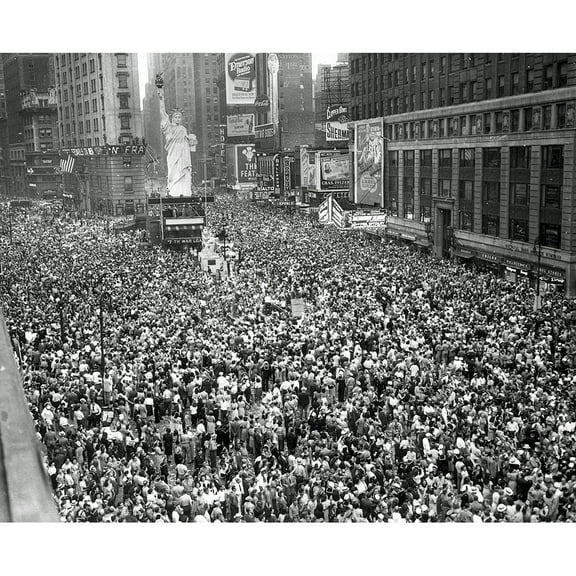 View of crowds gathering in Times Square to read the news of Japan's surrender on V-J (Victory in Japan) Day, New York City.1945 16"x20" Print