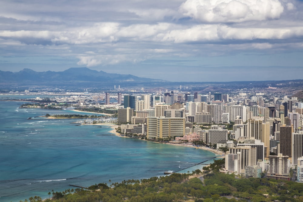 View of downtown Honolulu Waikiki from Diamond Head Honolulu Oahua Hawaii United States of America Canvas Art - Lynn Wegener Design Pics (38 x 24)