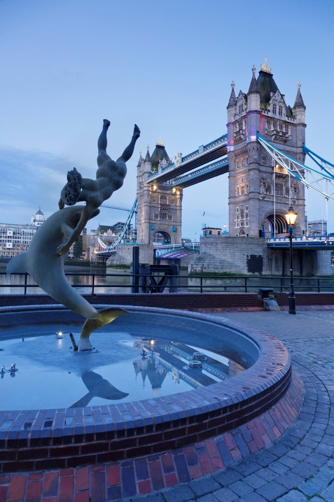 View of fountain with Tower Bridge in the background Thames River London England Canvas Art - Panoramic Images (27 x 9)