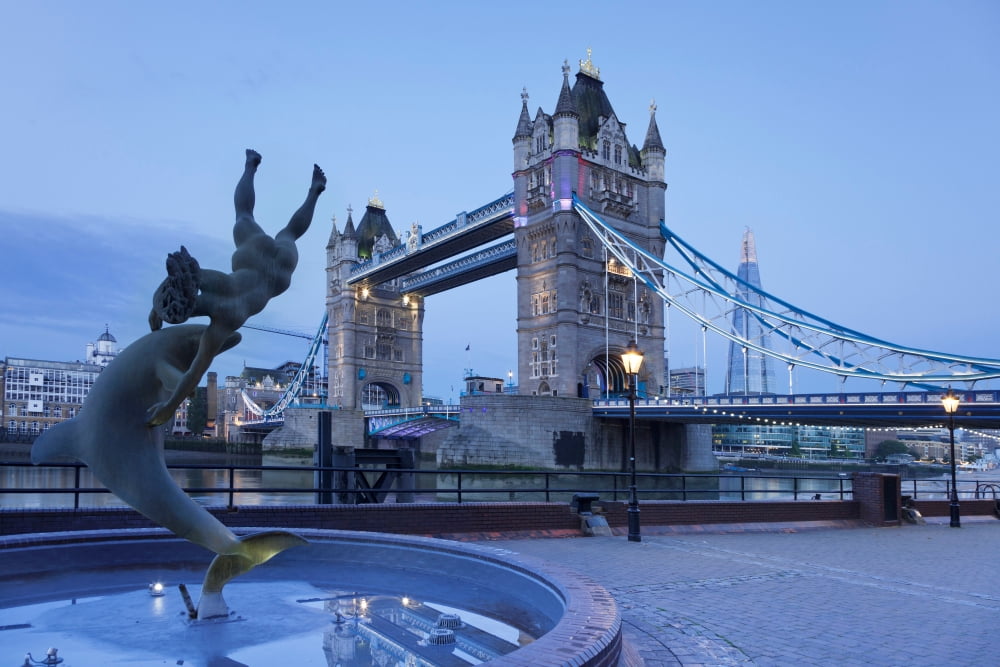View of fountain with Tower Bridge in the background Thames River London England Canvas Art - Panoramic Images (36 x 12)