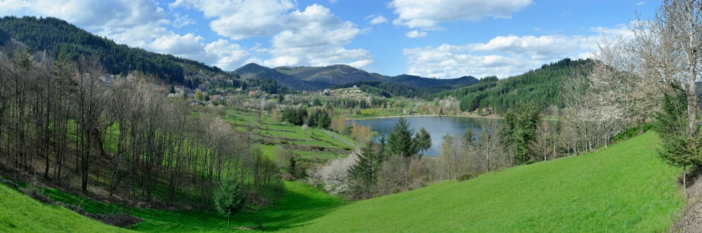 View of lake surrounded by mountains Saint-Martial Ardeche Rhone-Alpes Massif Central France Canvas Art - Panoramic Images (6 x 18)