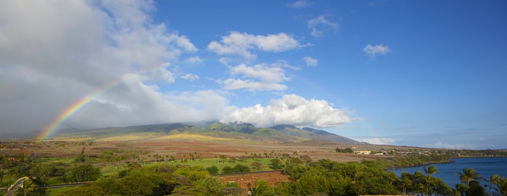 View of rainbow over landscape Kaanapali Maui Hawaii USA Canvas Art - Panoramic Images (36 x 12)