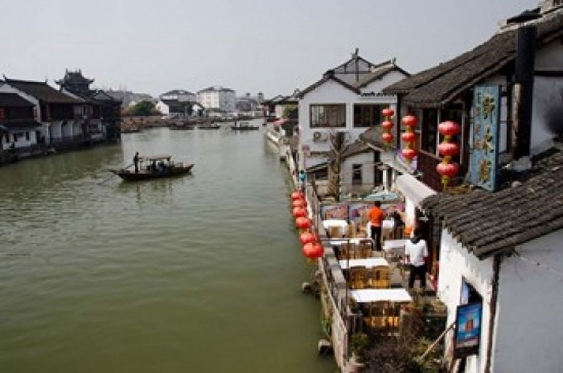 View of river village with boats Zhujiajiao Shanghai China Canvas Art - Cindy Miller Hopkins DanitaDelimont (16 x 11)