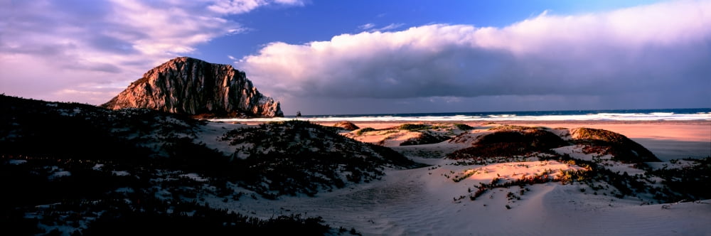 View of sand dunes and the Morro Rock Morro Bay San Luis Obispo County California USA Canvas Art - Panoramic Images (12 x 36)