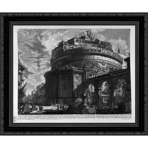 View of the Bridge and Castle St. Angel 24x20 Black Ornate Wood Framed Canvas Art by Piranesi, Giovanni Battista