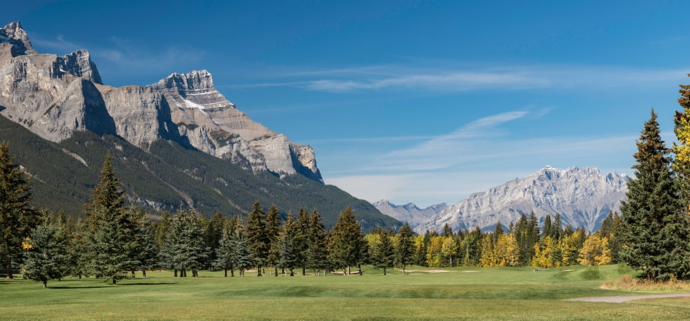View of the Canmore Golf Course Mount Rundle Cascade Mountain Canmore Alberta Canada Canvas Art - Panoramic Images (12 x 24)