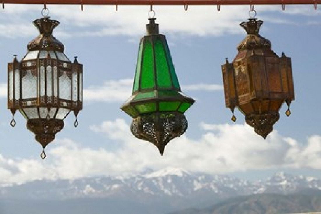 View of the High Atlas Mountains and Lanterns for Sale Ourika Valley Marrakech Morocco Canvas Art - Walter Bibikow DanitaDelimont (28 x 19)