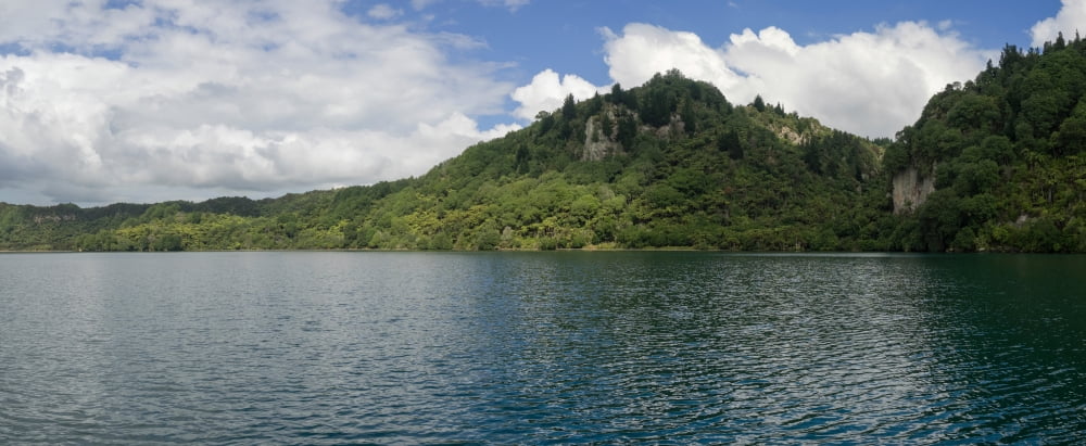 View of the Lake Tarawera Rotorua District Bay of Plenty North Island New Zealand Canvas Art - Panoramic Images (13 x 30)