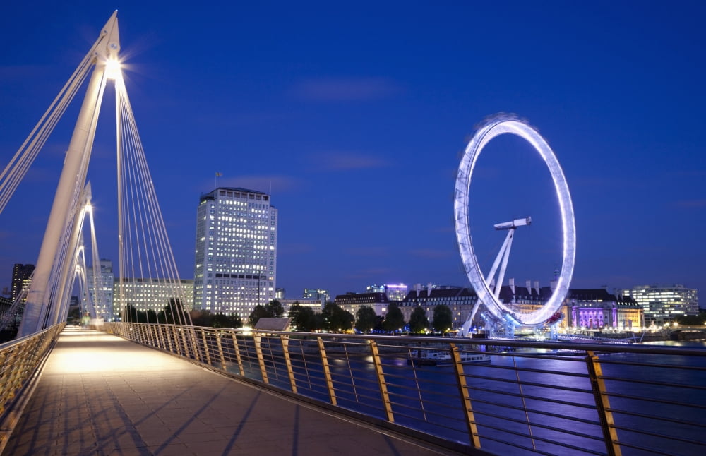 View of the London Eye from the Hungerford Bridge River Thames London England London England Canvas Art - Mark Thomas Design Pics (19 x 12)