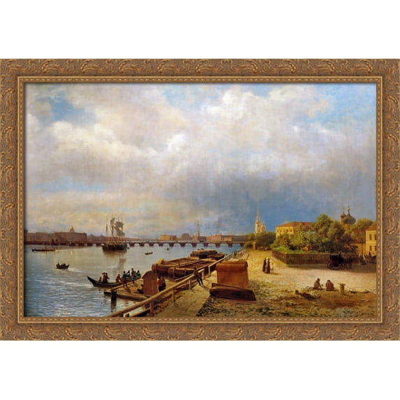 View of the Neva and Peter and Paul Fortress 40x28 Large Gold Ornate Wood Framed Canvas Art by Lev Lagorio