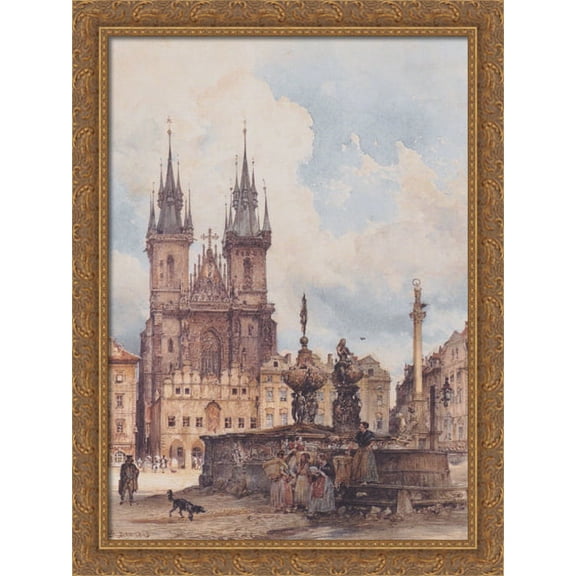 View of the Old Town Square with the Church in Prague They 28x38 Large Gold Ornate Wood Framed Canvas Art by Rudolf von Alt