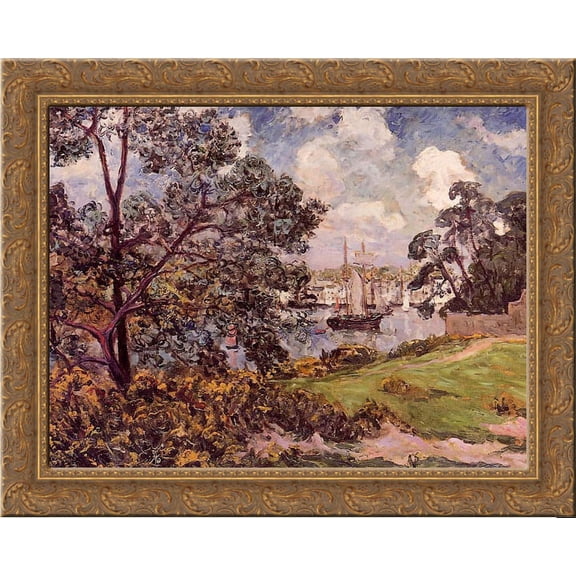 View of the Port of Auray 24x20 Gold Ornate Wood Framed Canvas Art by Maufra, Maxime