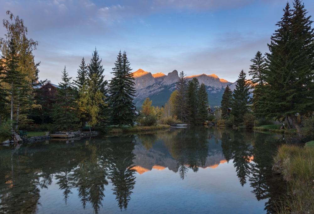 View of the Spring Creek Pond at sunset Mount Rundle Canmore Alberta Canada Canvas Art - Panoramic Images (24 x 36)