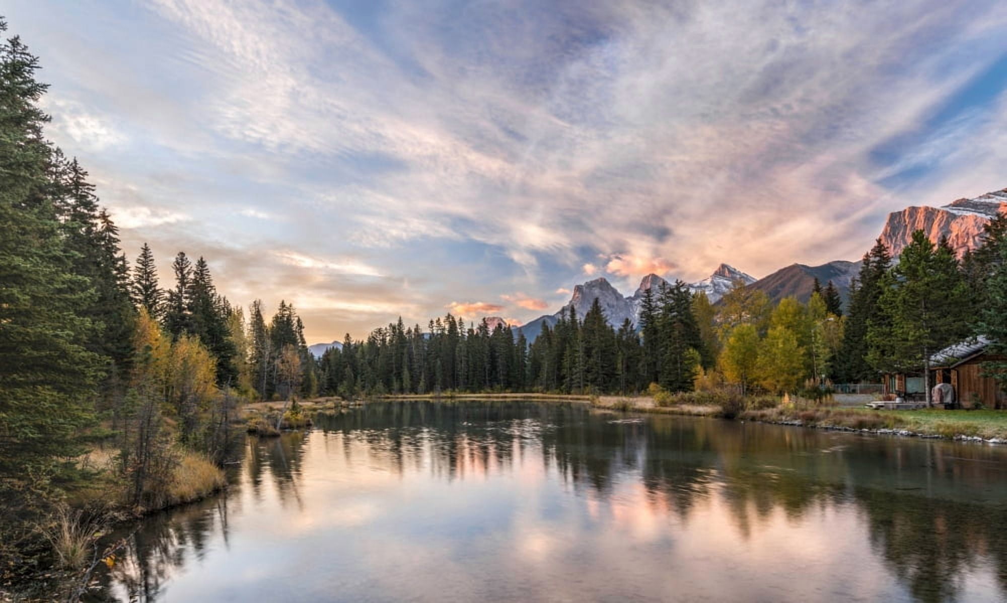 View of the Spring Creek Pond at sunset Three Sisters Mount Lawrence Grassi Canmore Alberta Canada Canvas Art - Panoramic Images (12 x 20)
