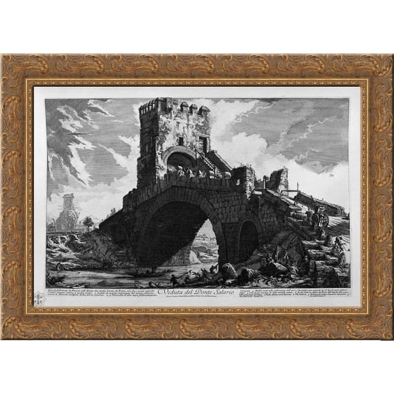 View of the Tiber on the Ponte Molle, two miles away from Rome 24x20 Gold Ornate Wood Framed Canvas Art by Piranesi, Giovanni Battista