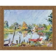 thumbnail image 1 of View of the Water (Rural landscape with a lake) 36x28 Large Gold Ornate Wood Framed Canvas Art by David Burliuk, 1 of 2