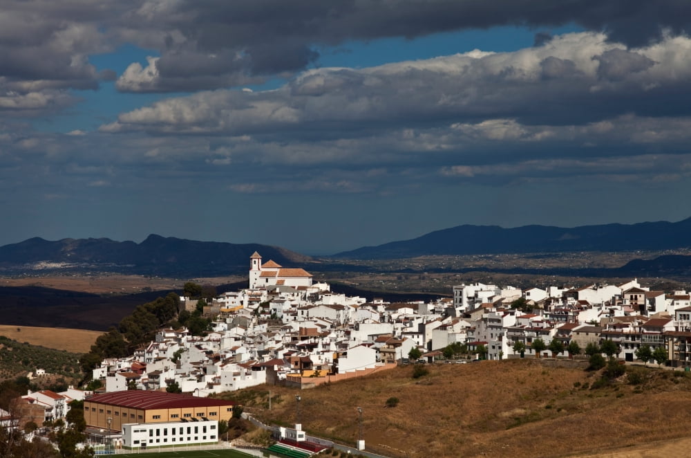 View of the hill top village of Alozaina from the north Malaga province Spain Canvas Art - Panoramic Images (9 x 27)