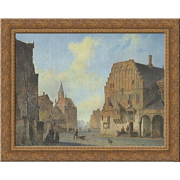 View of the old town hall in Arnhem, with fantasy elements 24x20 Gold Ornate Wood Framed Canvas Art by Cornelis Springer